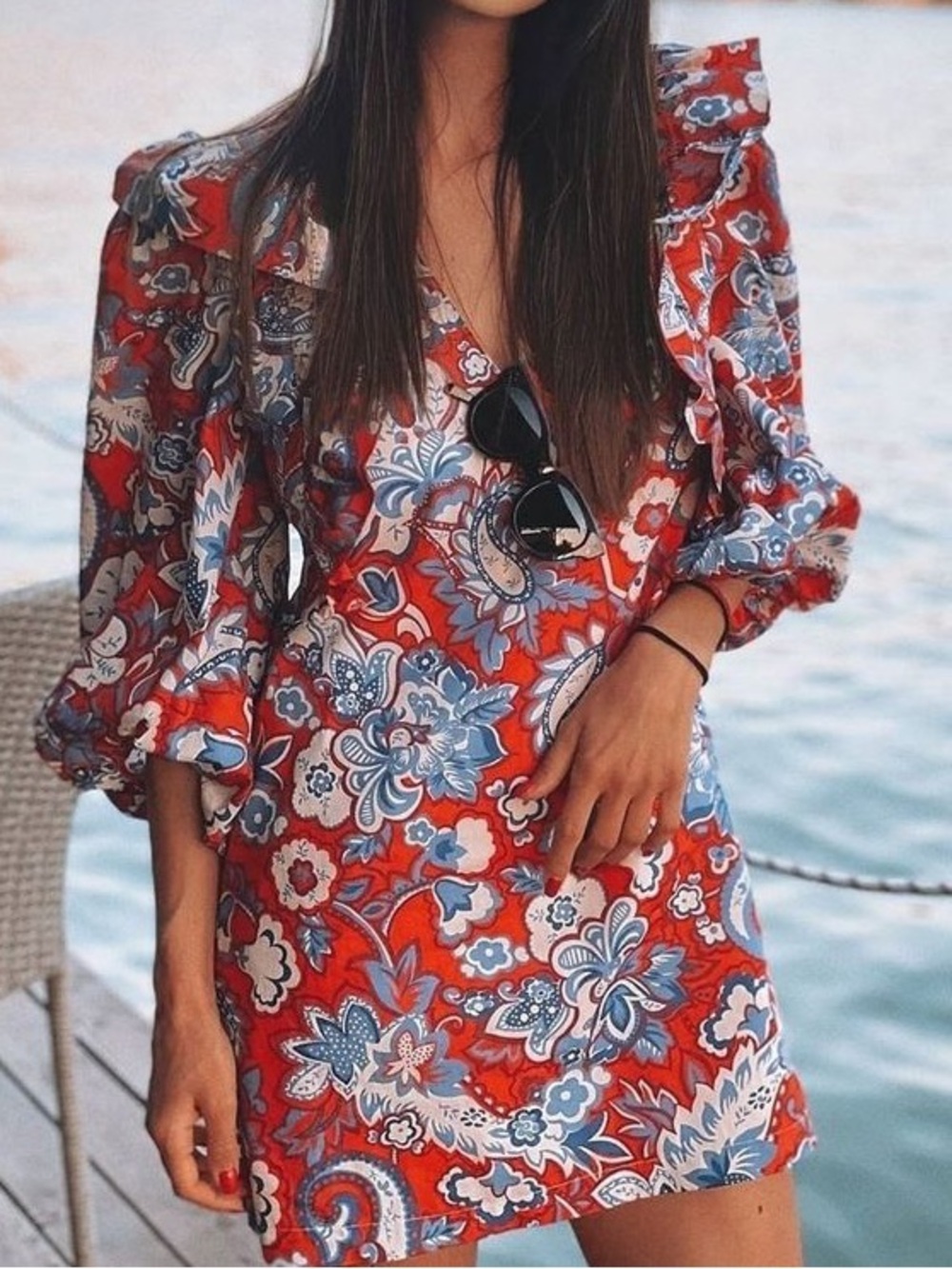 Zara Boho Floral Red V-Neck Puff Sleeve Dress Blogger Favorite